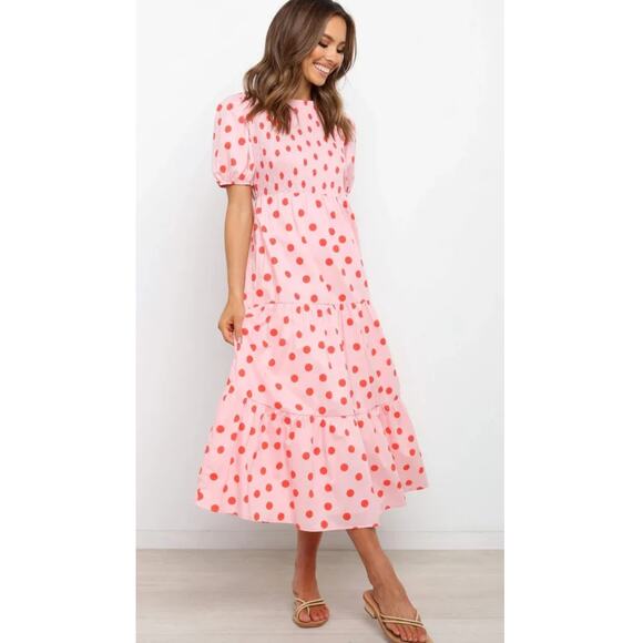 Petal & Pup Pink Tiered Polka Dot Midi Dress Smocking Feminine Flattering US 8 - Picture 7 of 8